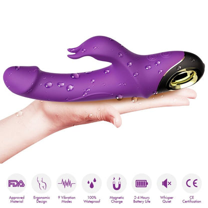 Vista detalhada do ARMONY Vibrador Dildo Coelhinho Meteor Roxo, mostrando seu design ergonómico, estimulador e material de silicone.