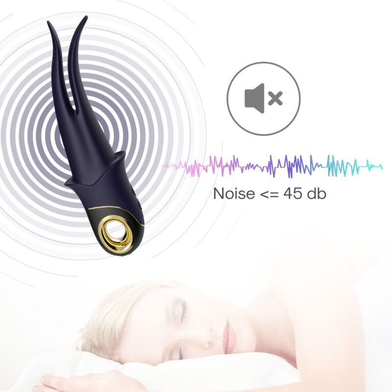 Vibrador ARMONY Shadow de dupla cabeça em silicone azul, com design ergonómico e características de estimulação versátil.