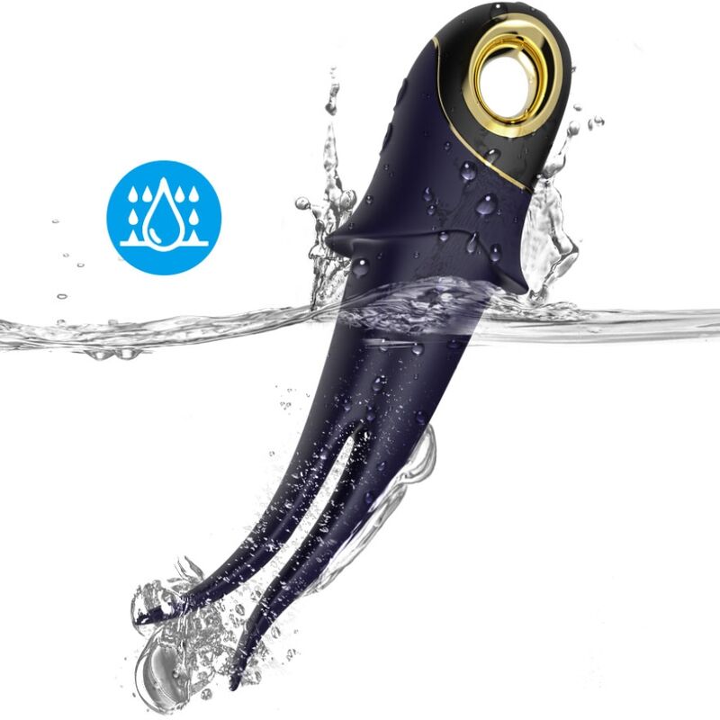 Vibrador ARMONY Shadow de dupla cabeça em silicone azul, com design ergonómico e características de estimulação versátil.