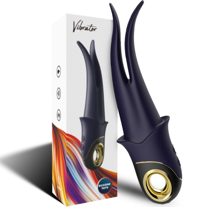Vibrador ARMONY Shadow de dupla cabeça em silicone azul, com design ergonómico e características de estimulação versátil.