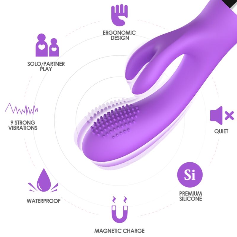 Close-up of the ARMONY Vibrador Coelho Roxo Dupla Estimulação, showcasing its ergonomic design and purple silicone finish.