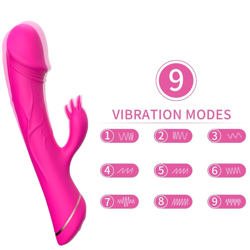 Close-up of the ARMONY Dildo Vibrador Coelho Silicone Fúcsia, highlighting its curved design and clitoral stimulator.