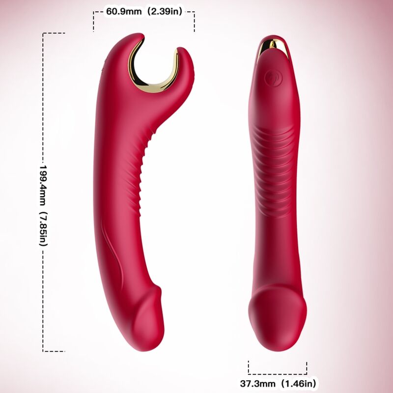 Close-up do ARMONY Prince Dildo Vibratório Rotativo Vermelho mostrando seu design, textura e características.