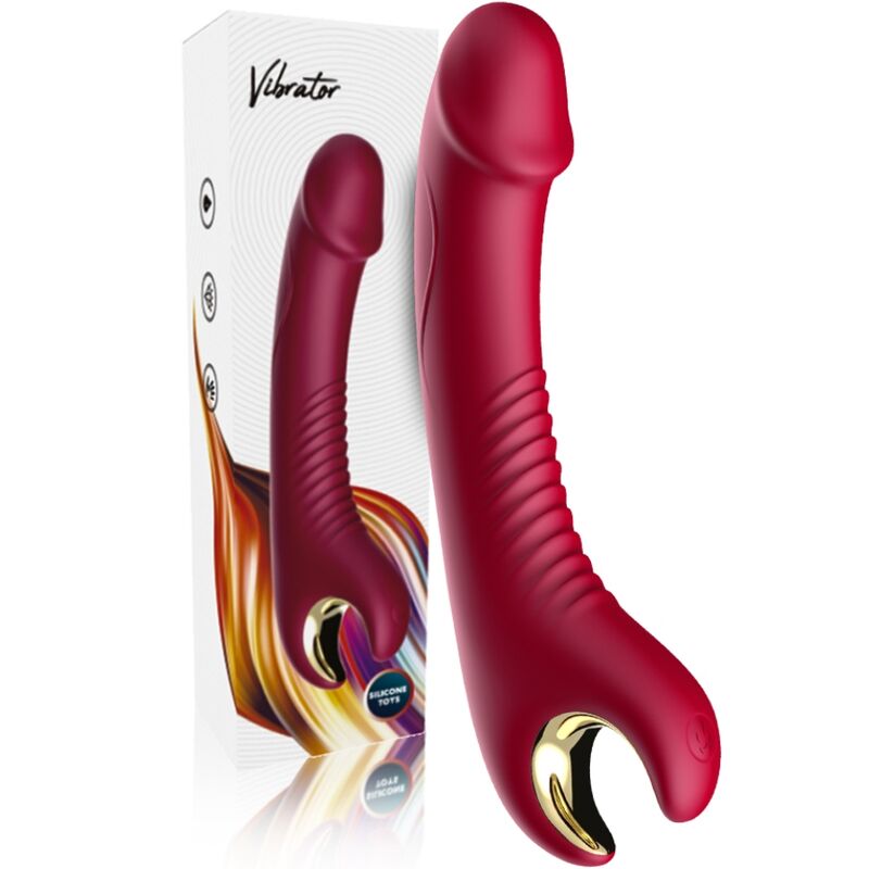 Close-up do ARMONY Prince Dildo Vibratório Rotativo Vermelho mostrando seu design, textura e características.