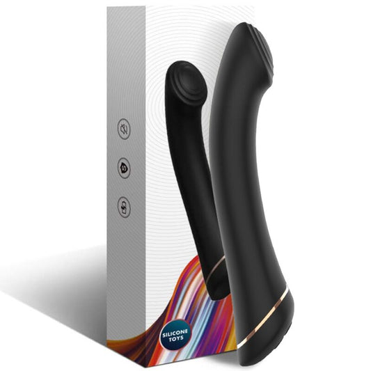 Vibrador ARMONY de silicone preto com cabeça plana, 9 modos de vibração e recarregável via USB.