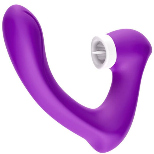 Close-up do ARMONY SecretKiss Vibrador Curvo e Estimulador Clitoriano de Sucção Roxo, destacando seu design ergonômico e material de silicone.