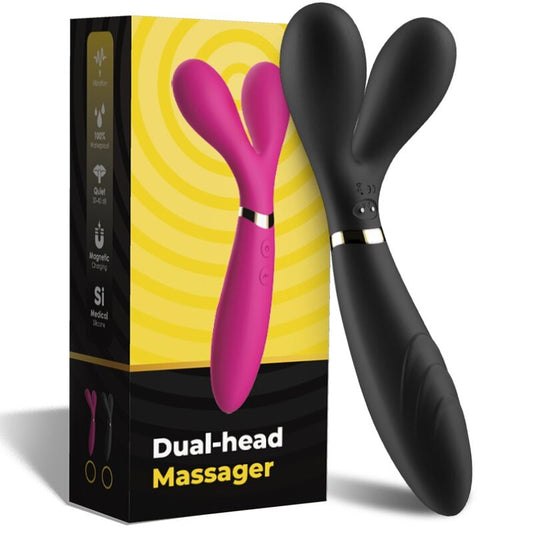 Close-up do Massageador Y-Wand Vibrador ARMONY com Cabeça Dupla em Preto, mostrando seu design ergonómico e material de silicone.