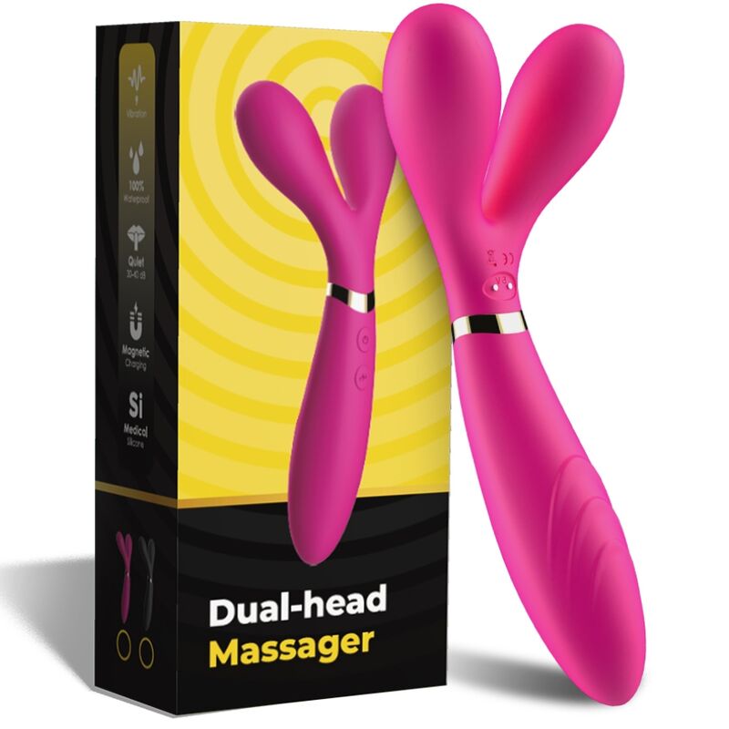 Close-up of the ARMONY Massageador Y-Wand Vibrador Dupla Cabeça Fúcsia, highlighting its flexible design and silicone material.