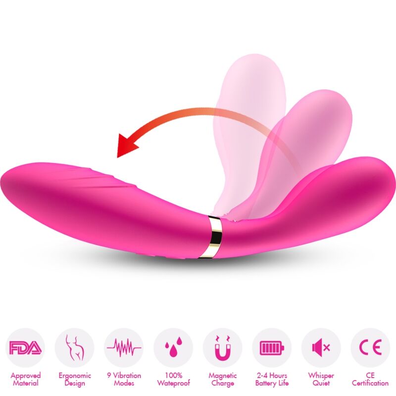 Close-up of the ARMONY Massageador Y-Wand Vibrador Dupla Cabeça Fúcsia, highlighting its flexible design and silicone material.