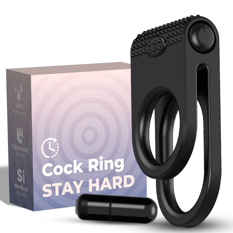 ARMONY Anel Vibrador Duplo Twins para Casais preto, detalhe da textura de silicone e motor vibratório.