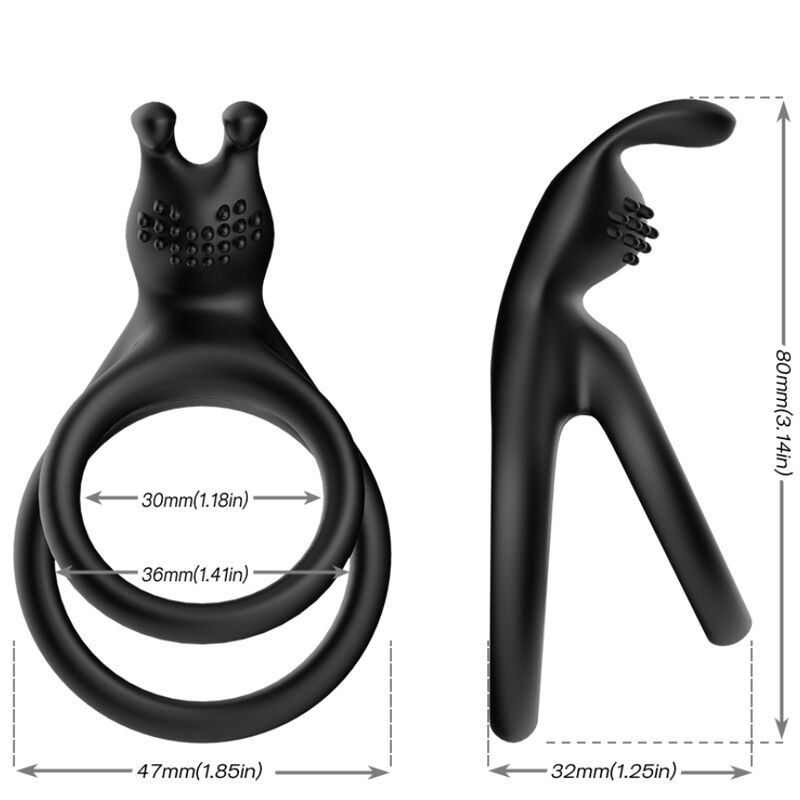 Anel peniano duplo ARMONY Tensy de Coelho Preto, feito de silicone, para intensificar o prazer e a estimulação clitoriana.