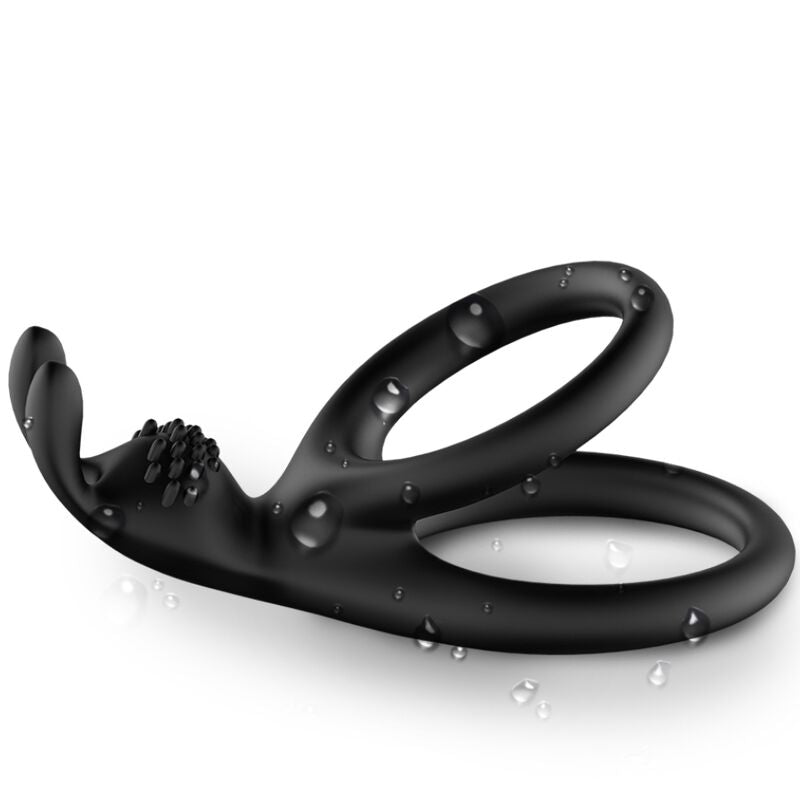 Anel peniano duplo ARMONY Tensy de Coelho Preto, feito de silicone, para intensificar o prazer e a estimulação clitoriana.