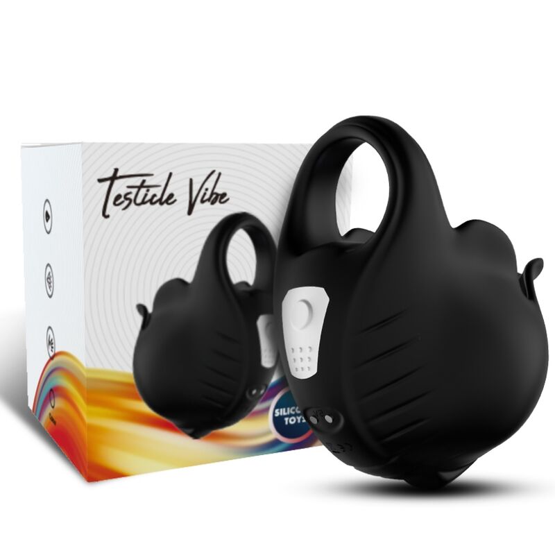 Anel Vibrador Peniano ARMONY com Controlo Remoto em silicone preto, mostrando o design e botões.