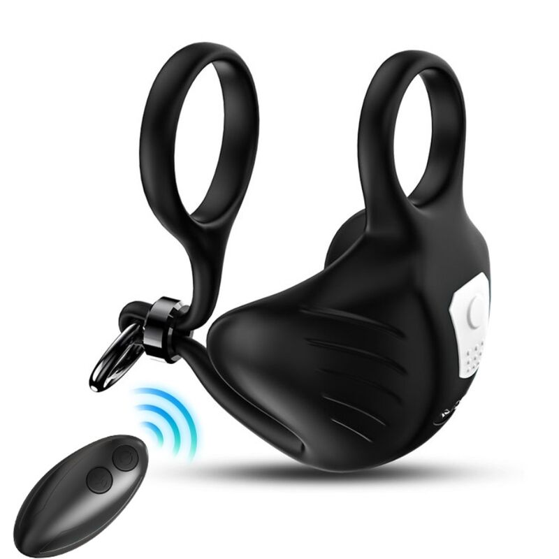 Anel vibrador peniano ARMONY com manta escrotal e controle remoto, exibindo seu design ergonômico e material de silicone preto.