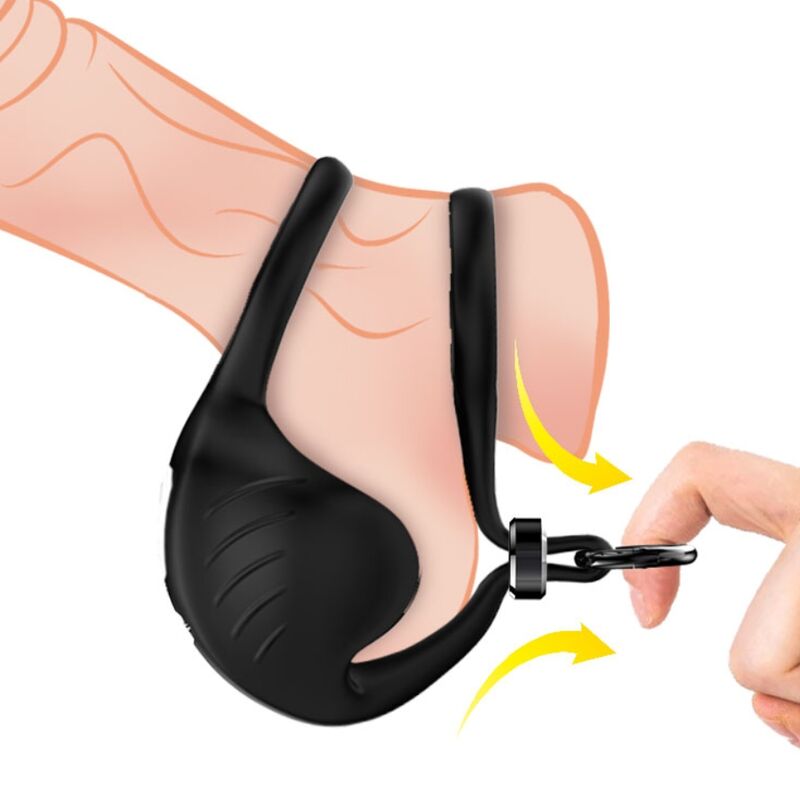 Anel vibrador peniano ARMONY com manta escrotal e controle remoto, exibindo seu design ergonômico e material de silicone preto.