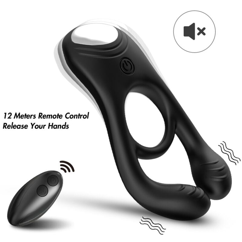 Anel Vibrador Duplo ARMONY Veyron para Casais com Controle Remoto em preto, mostrando design ergonómico e botões de controlo.