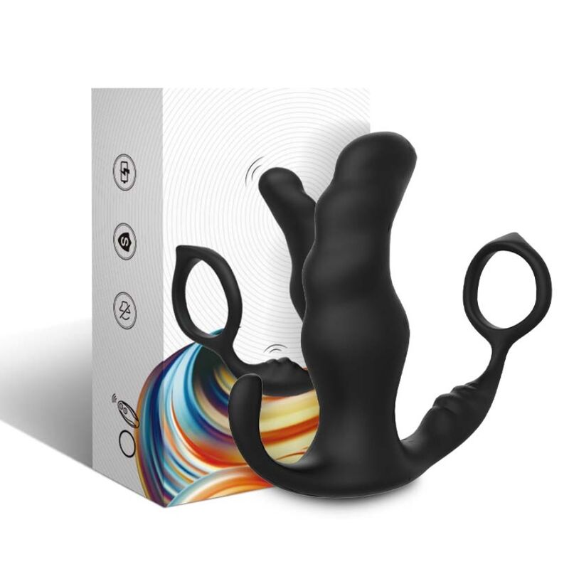 Close-up do vibrador anal ARMONY Knight com anel peniano e controle remoto, destacando seu design ergonômico preto.