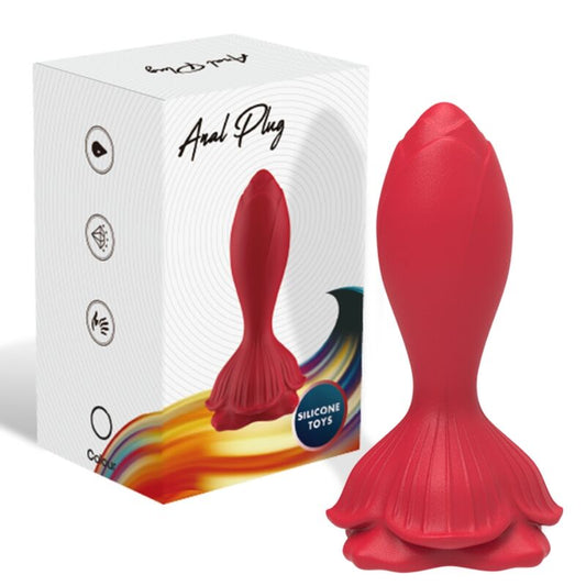Close-up do Vibrador e Plug Anal ARMONY rosa e vermelho com controle remoto, destacando seu design ergonômico e material de silicone.