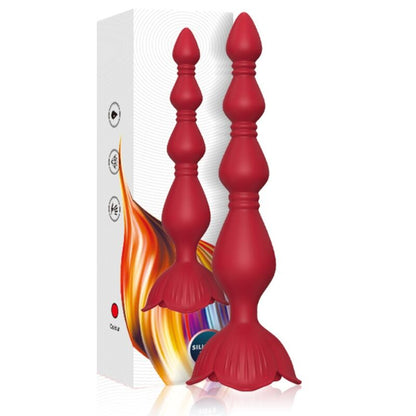 Vibrador com plug anal Armony Pagode Rosa e Vermelho, destacando o design ergonómico e as texturas.