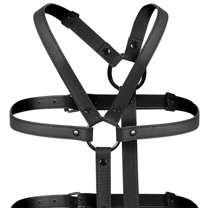 Arnês ajustável para torso e braços FETISH SUBMISSIVE, feito em couro vegano, ideal para BDSM.
