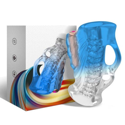 Close-up do masturbador e vibrador ARMONY Gradiente Azul, mostrando seu design ergonómico e textura.