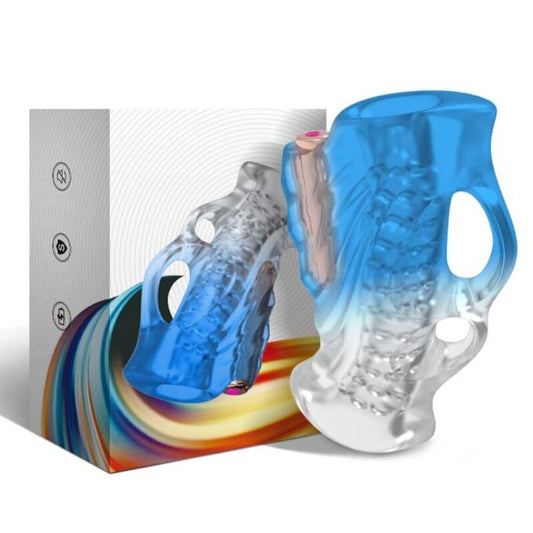 Close-up do masturbador e vibrador ARMONY Gradiente Azul, mostrando seu design ergonómico e textura.