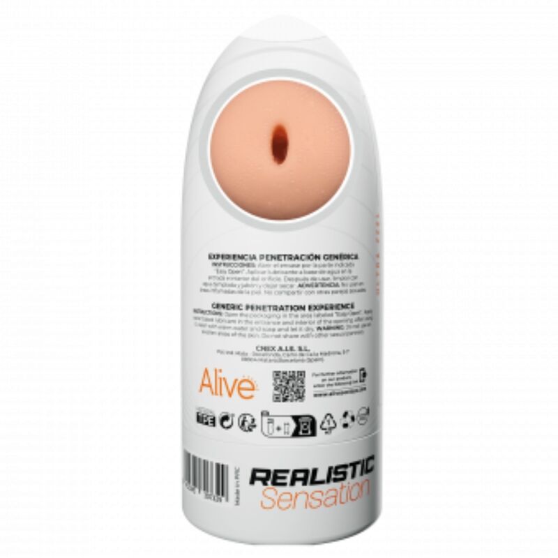 Masturbador Masculino ALIVE Flexível Realista - Tamanho M, em vista detalhada, destacando a textura e o design ergonómico.