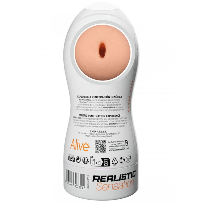 Masturbador Masculino ALIVE Maxi Flex Realista Tamanho L, mostrando sua textura e abertura oral.