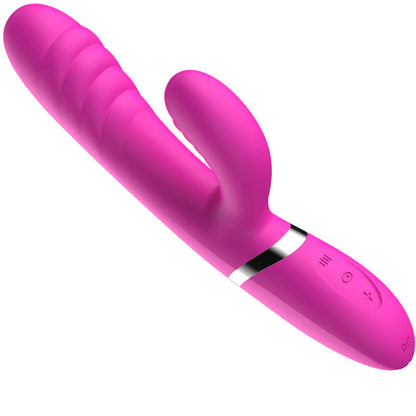 Close-up do vibrador e estimulador ARMONY Adela fúcsia, mostrando seu design ergonómico e material de silicone suave.