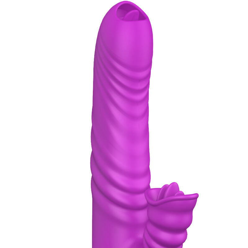 Vibrador ARMONY Angelia com língua dupla e efeito de calor, em silicone violeta.