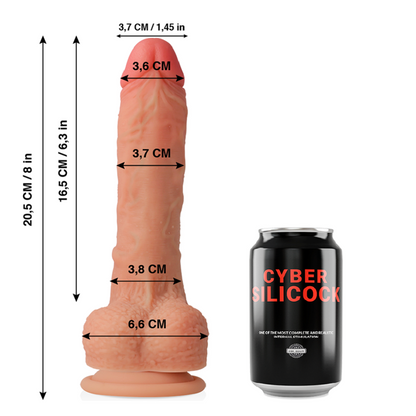 Close-up do CYBER SILICOCK Dildo Realista Connor em silicone líquido, mostrando a sua forma natural e detalhes autênticos.