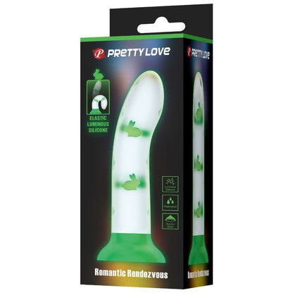 Close-up do Dildo Pretty Love Nightfall Luminoso, destacando seu design realista e cor verde vibrante, pronto para uso.