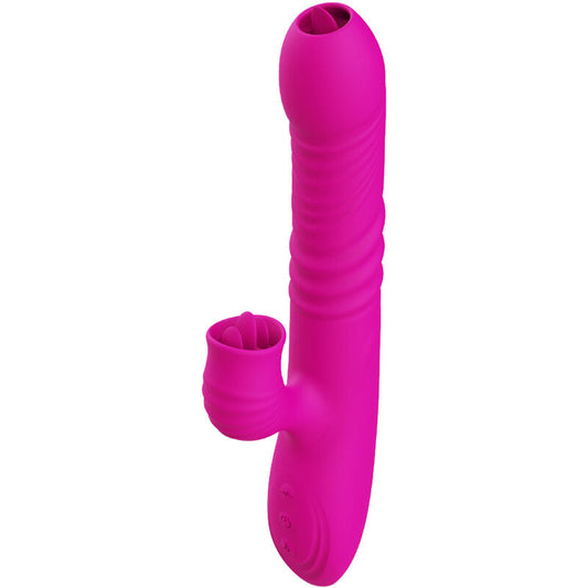 Close-up do Vibrador ARMONY Fanny Multifunção Língua Dupla Fúcsia com efeito calor, mostrando design ergonómico e material de silicone.
