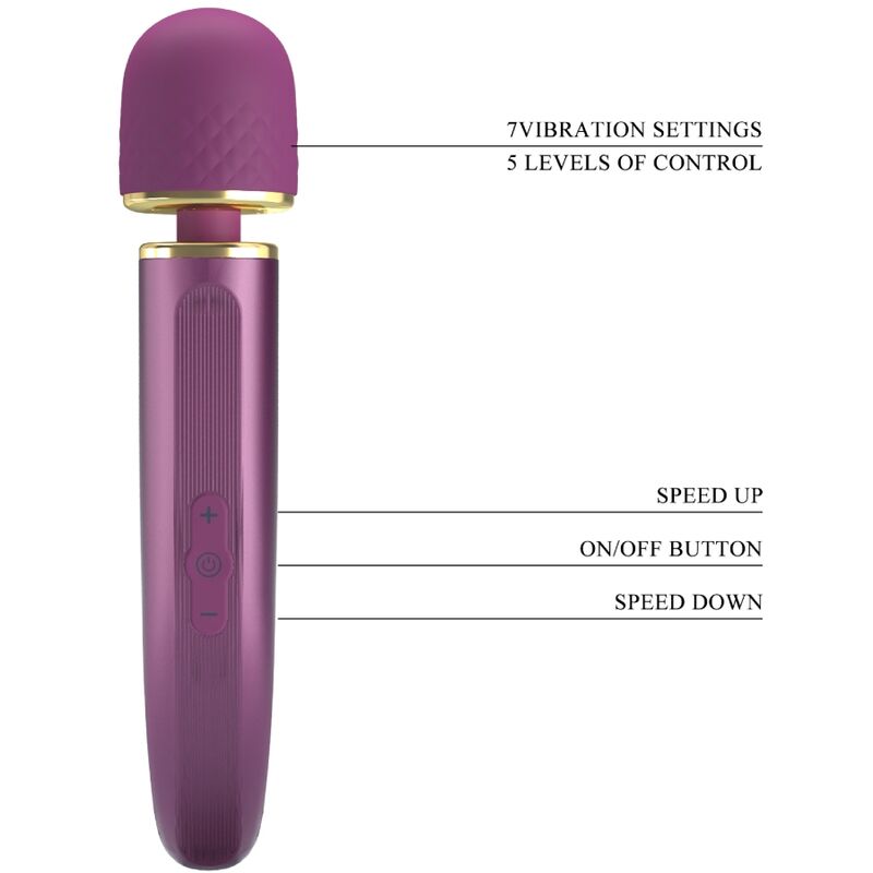 Close-up of the PRETTY LOVE Massageador Pessoal Roxo with 7 Vibration Modes, highlighting its soft silicone head and ergonomic design.