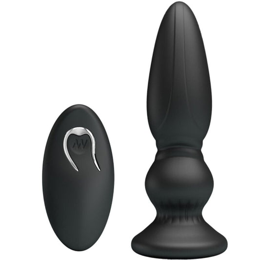 Close-up do Plugue Anal Vibrador MR PLAY de Controle Remoto Preto, mostrando seu design ergonômico e material macio.