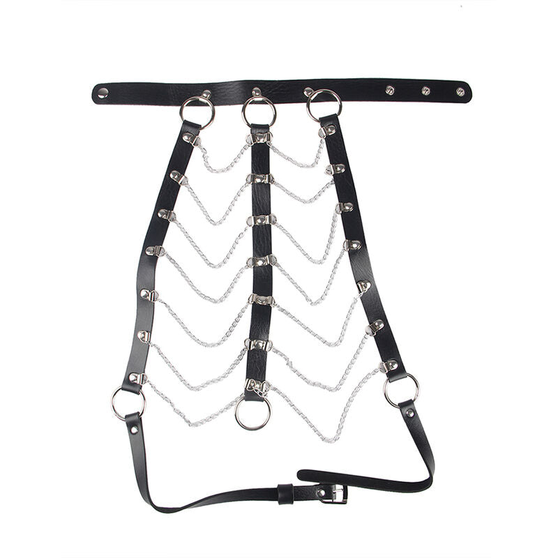 Close-up of the SUBBLIME Leather Chest Harness with Chains in Black, highlighting its texture and design.