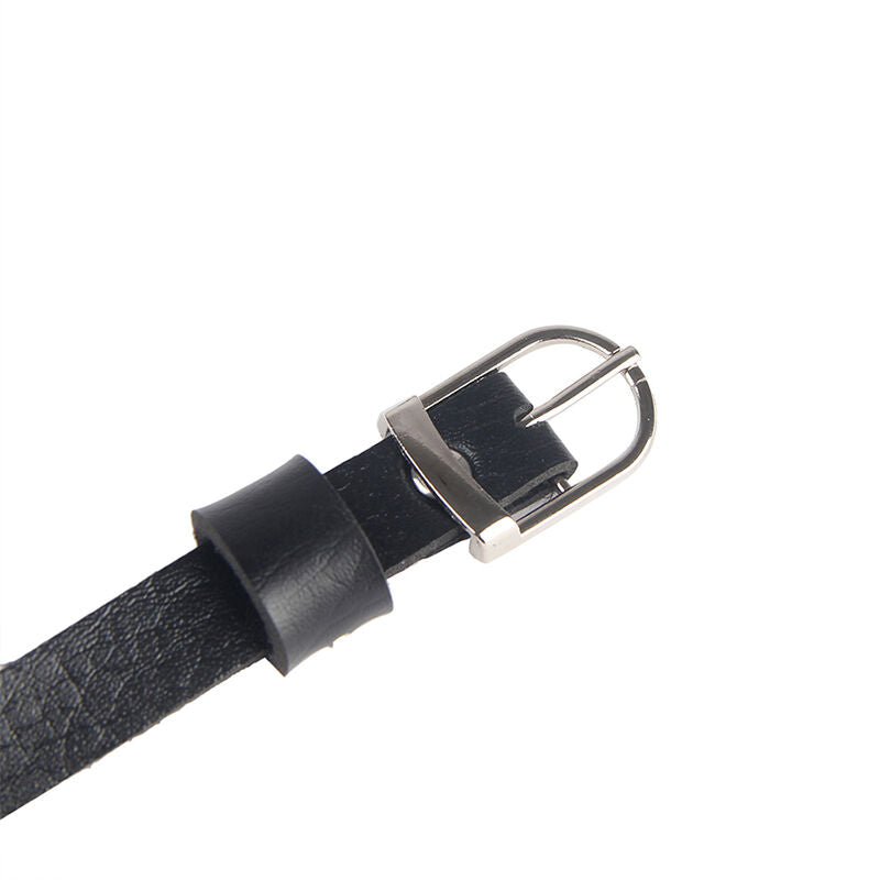 Close-up of the SUBBLIME Leather Chest Harness with Chains in Black, highlighting its texture and design.