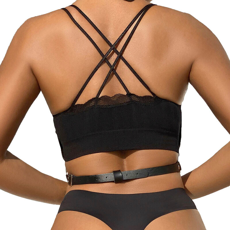 Close-up of the SUBBLIME Leather Chest Harness with Chains in Black, highlighting its texture and design.