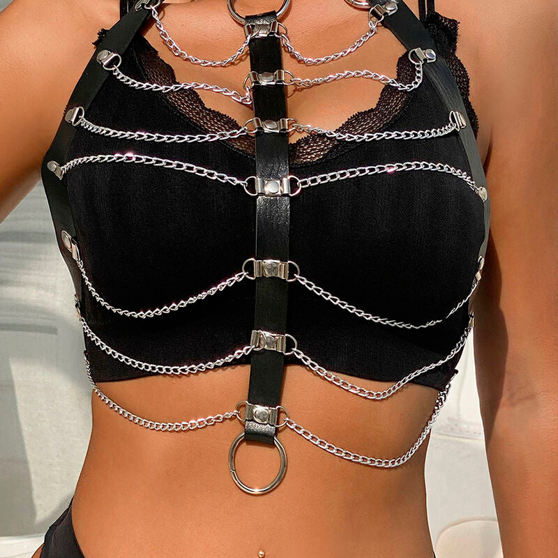 Close-up of the SUBBLIME Leather Chest Harness with Chains in Black, highlighting its texture and design.