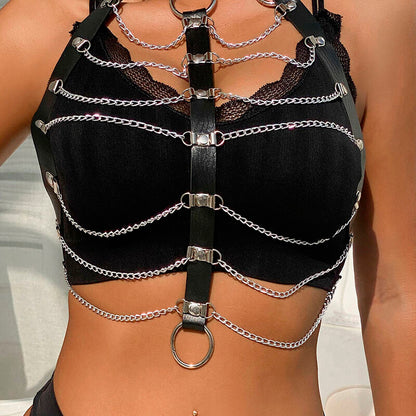 Close-up of the SUBBLIME Leather Chest Harness with Chains in Black, highlighting its texture and design.
