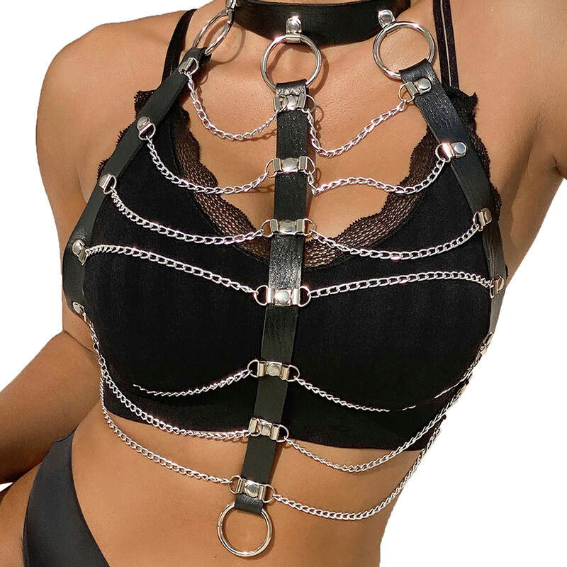 Close-up of the SUBBLIME Leather Chest Harness with Chains in Black, highlighting its texture and design.