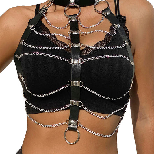 Close-up of the SUBBLIME Leather Chest Harness with Chains in Black, highlighting its texture and design.