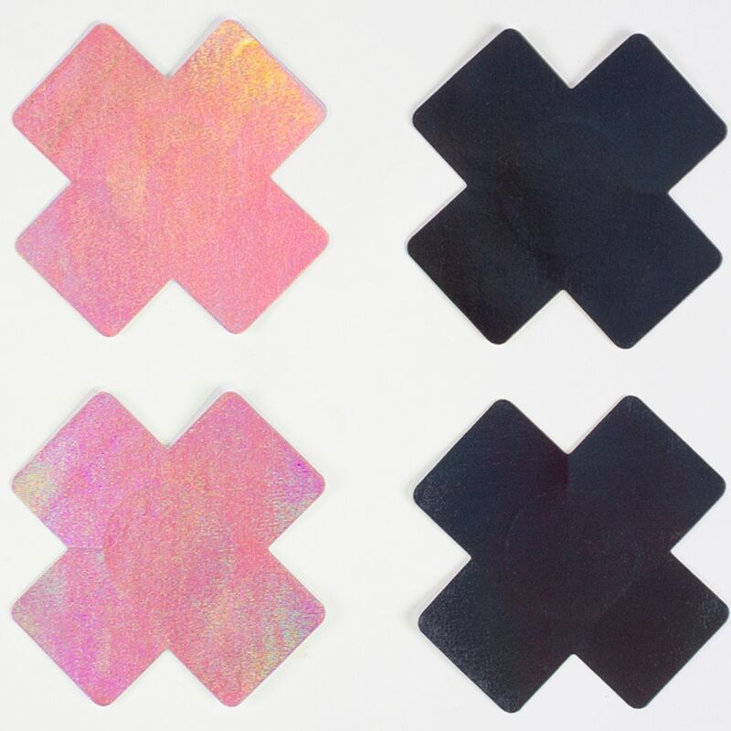 Close-up of SECRET PLAY Protetores de Mamilo Cruz Holográfica, 2 Pares, showing the black and pink designs.