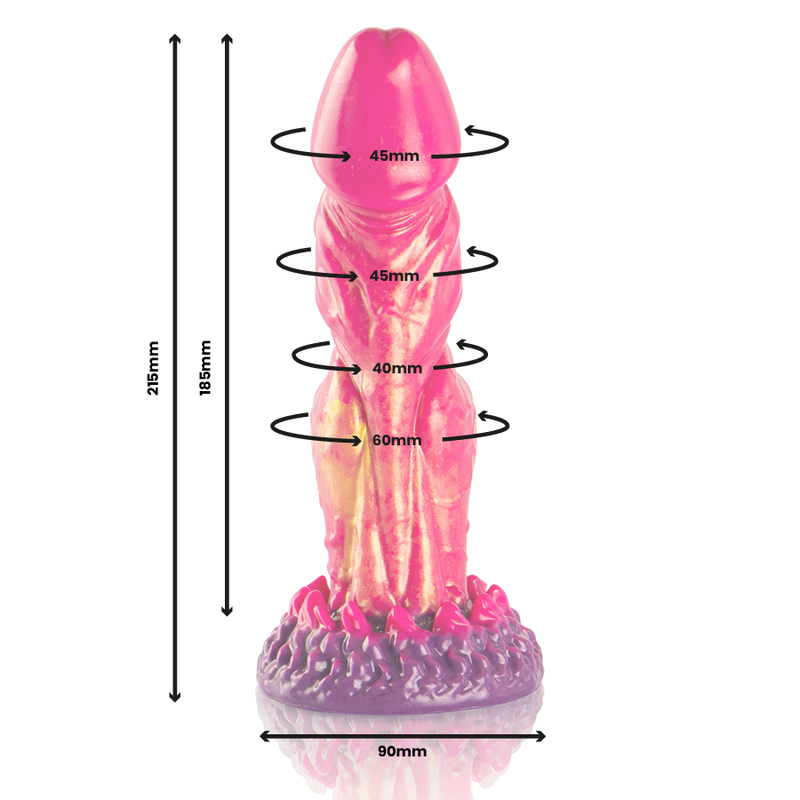 Dildo de silicone Cerberus da EPIC CYBERSILICOCK, com design mitológico e cores vibrantes.