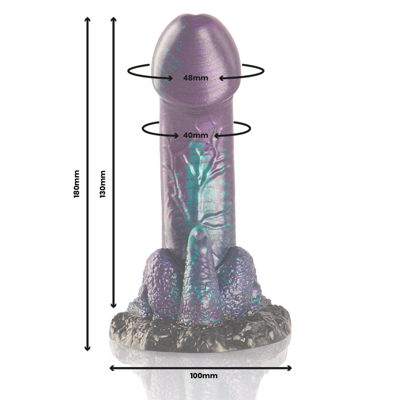 Close-up do EPIC CYBERSILICOCK Dildo Duplo Basilisk Escamoso, mostrando sua textura única e design inspirado na mitologia.