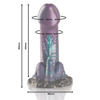 Close-up do EPIC CYBERSILICOCK Dildo Duplo Basilisk Escamoso, mostrando sua textura única e design inspirado na mitologia.
