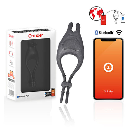 ONINDER Anel Vibrador Pampa com controle via app, mostrando seu design elegante em silicone preto e estimulador de clitóris.