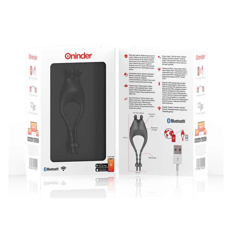 ONINDER Anel Vibrador Pampa com controle via app, mostrando seu design elegante em silicone preto e estimulador de clitóris.