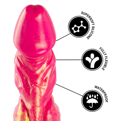 Dildo de silicone Cerberus da EPIC CYBERSILICOCK, com design mitológico e cores vibrantes.