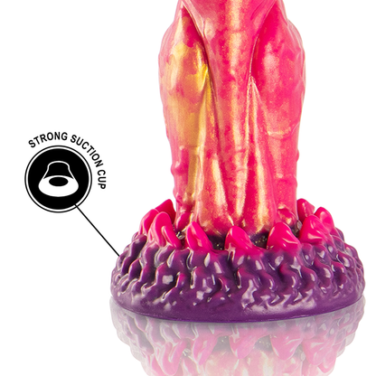 Dildo de silicone Cerberus da EPIC CYBERSILICOCK, com design mitológico e cores vibrantes.